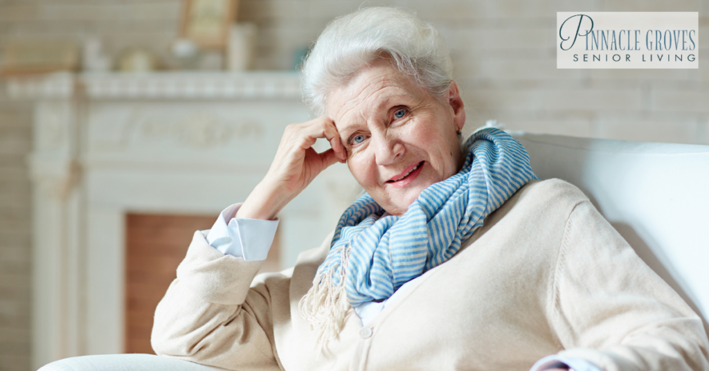 A happy senior woman in a memory care community.